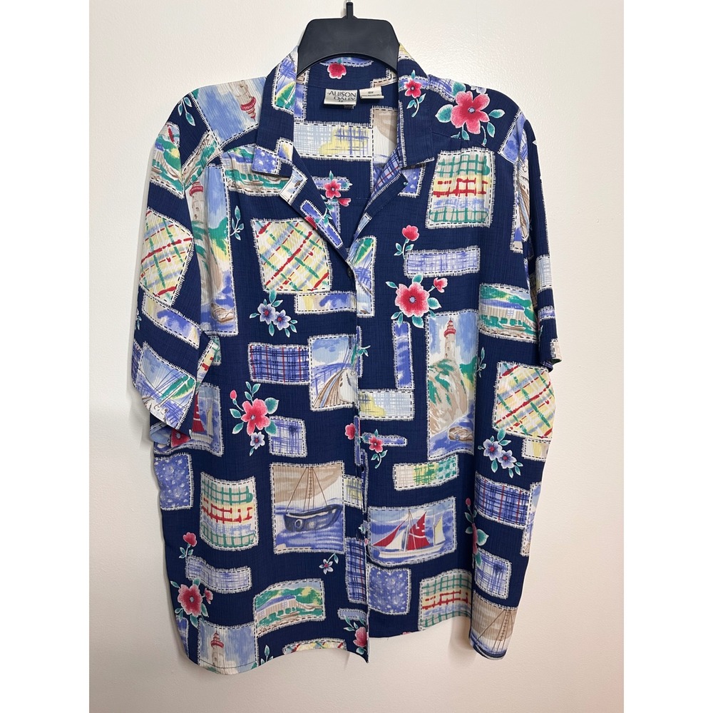 Allison Daley II Nautical Patchwork Button Down Shirt Navy 18W 534-87670